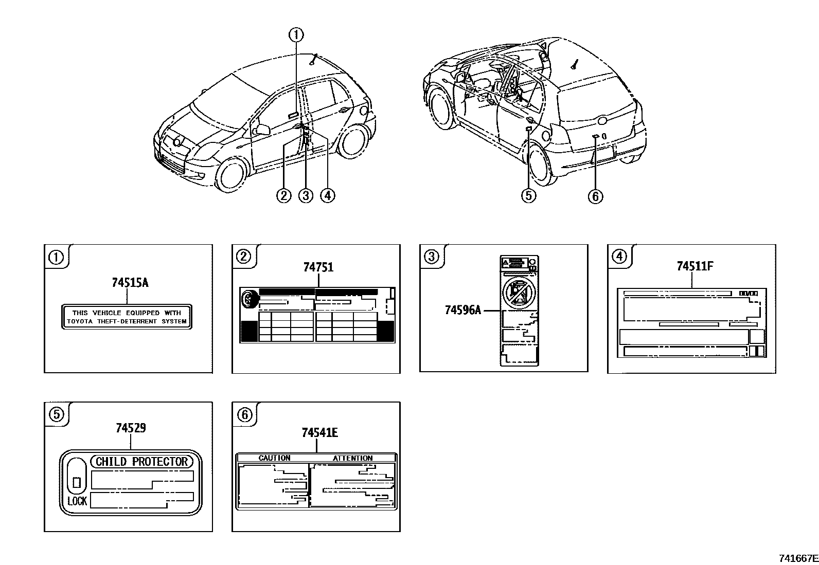 Toyota YARIS 警示铭牌(车外和车内) EPC diagram — 741667E
