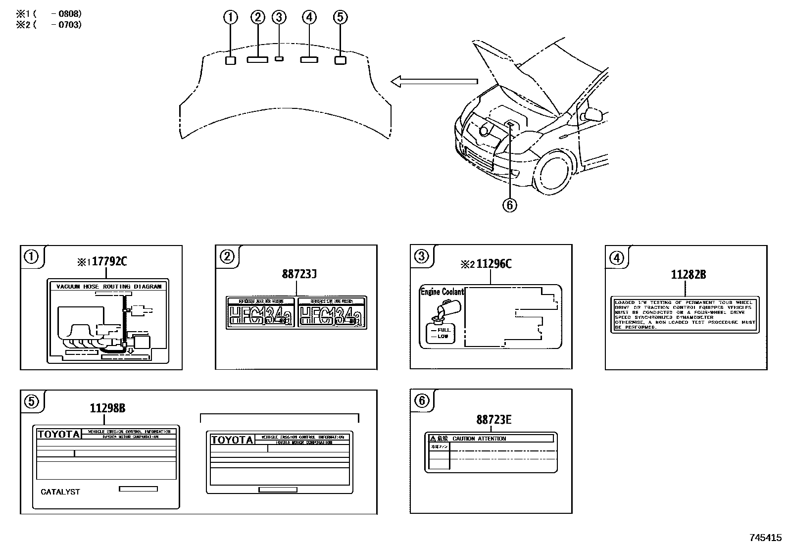 Toyota YARIS 警示铭牌(车外和车内) EPC diagram — 745415