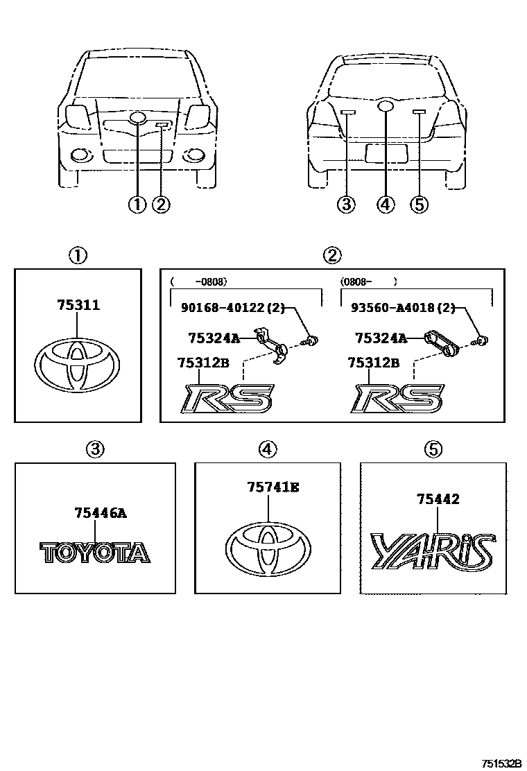 Toyota YARIS 丰田徽标和铭牌(车外和车内) EPC diagram — 751532B