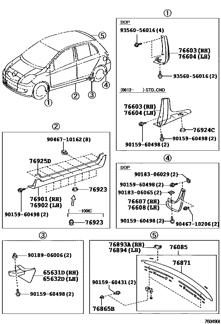 Toyota YARIS 挡泥板和扰流板 EPC diagram — 760490I