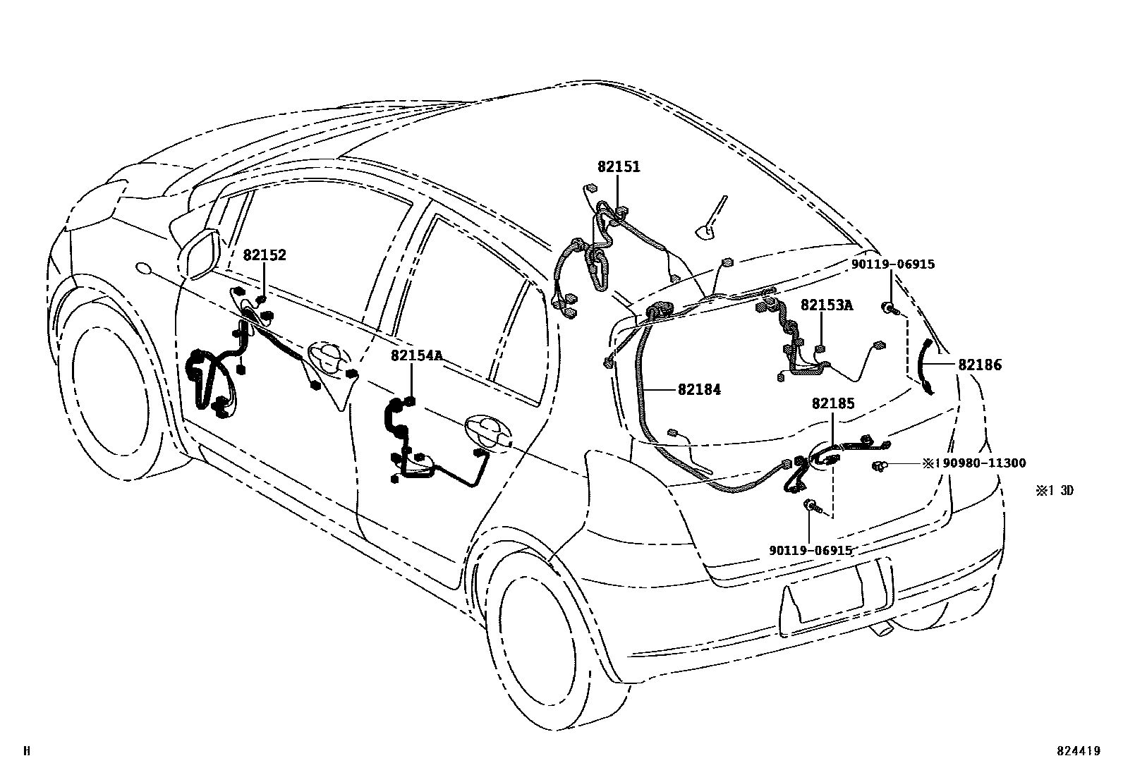 Toyota YARIS 线束和卡夹 EPC diagram — 824419