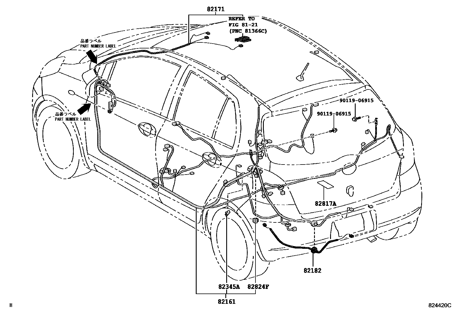 Toyota YARIS 线束和卡夹 EPC diagram — 824420C