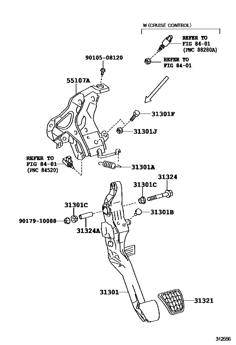 Toyota YARIS 离合器踏板和挠性软管 EPC diagram — 312556