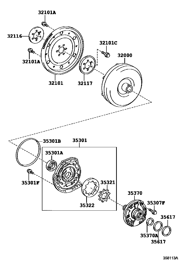 Toyota YARIS 变矩器、前油泵和链条(ATM) EPC diagram — 358113A