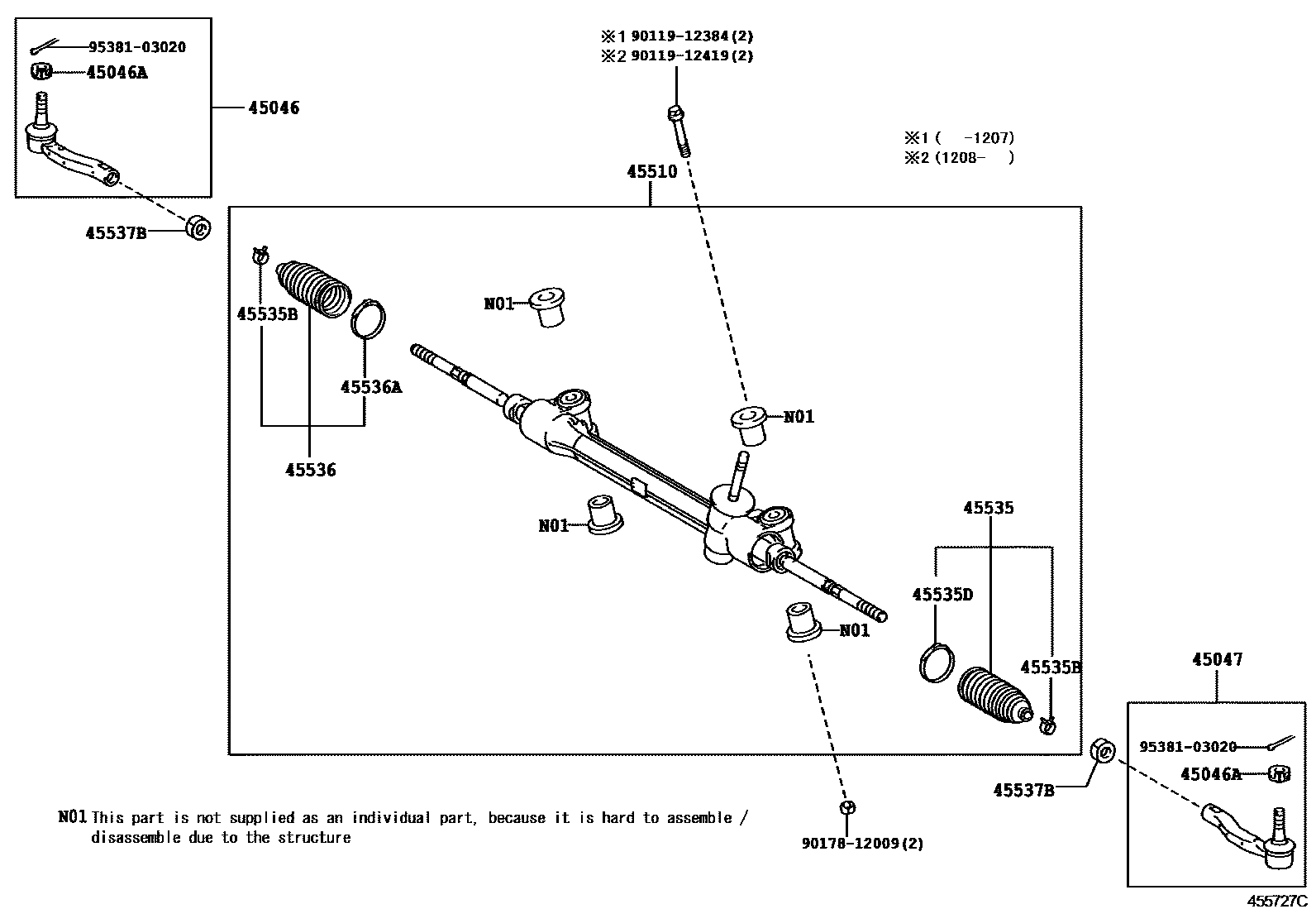 Toyota YARIS 前转向齿轮和连杆 EPC diagram — 455727C