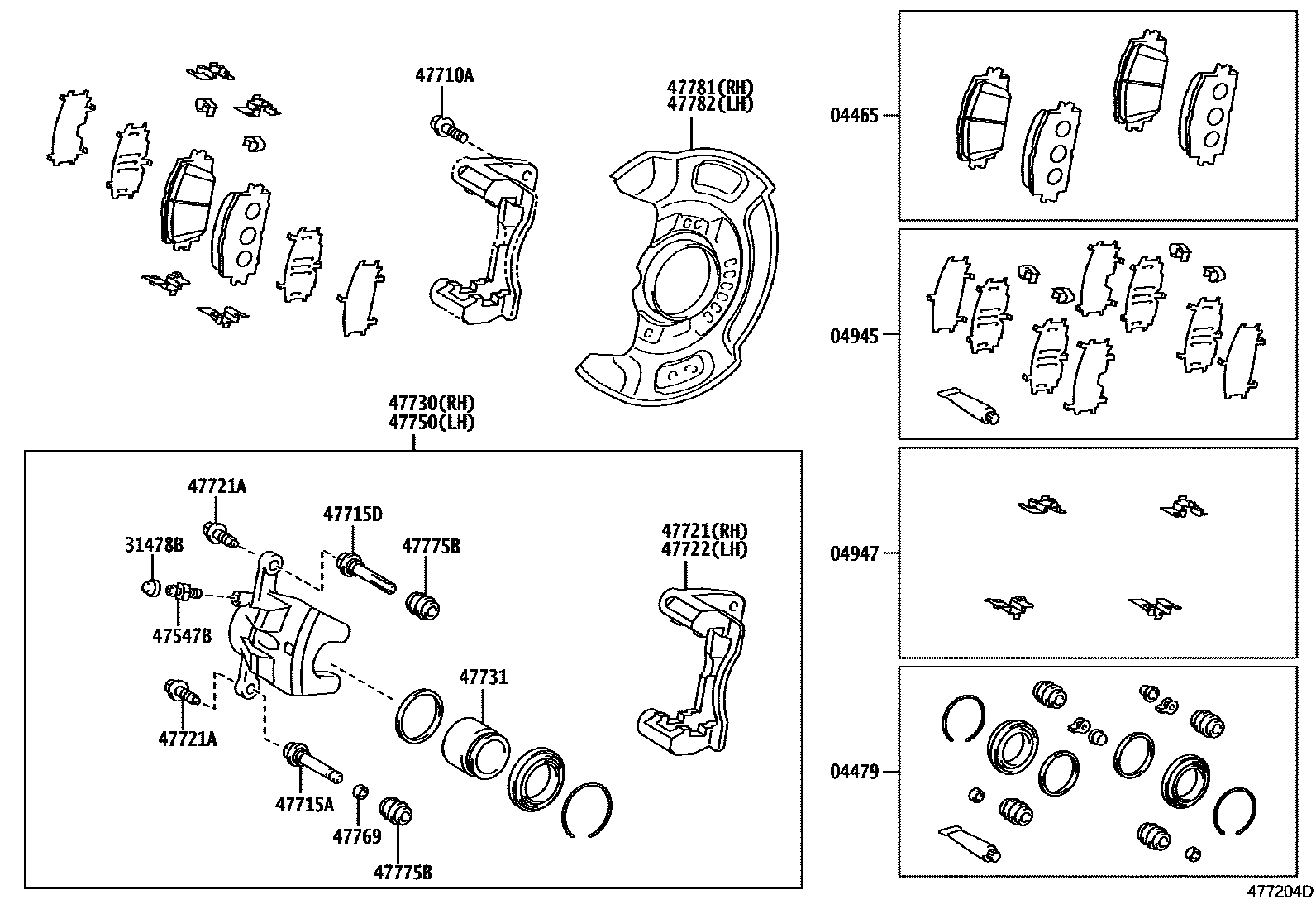 Toyota YARIS 前盘式制动器卡钳和防尘罩 EPC diagram — 477204D