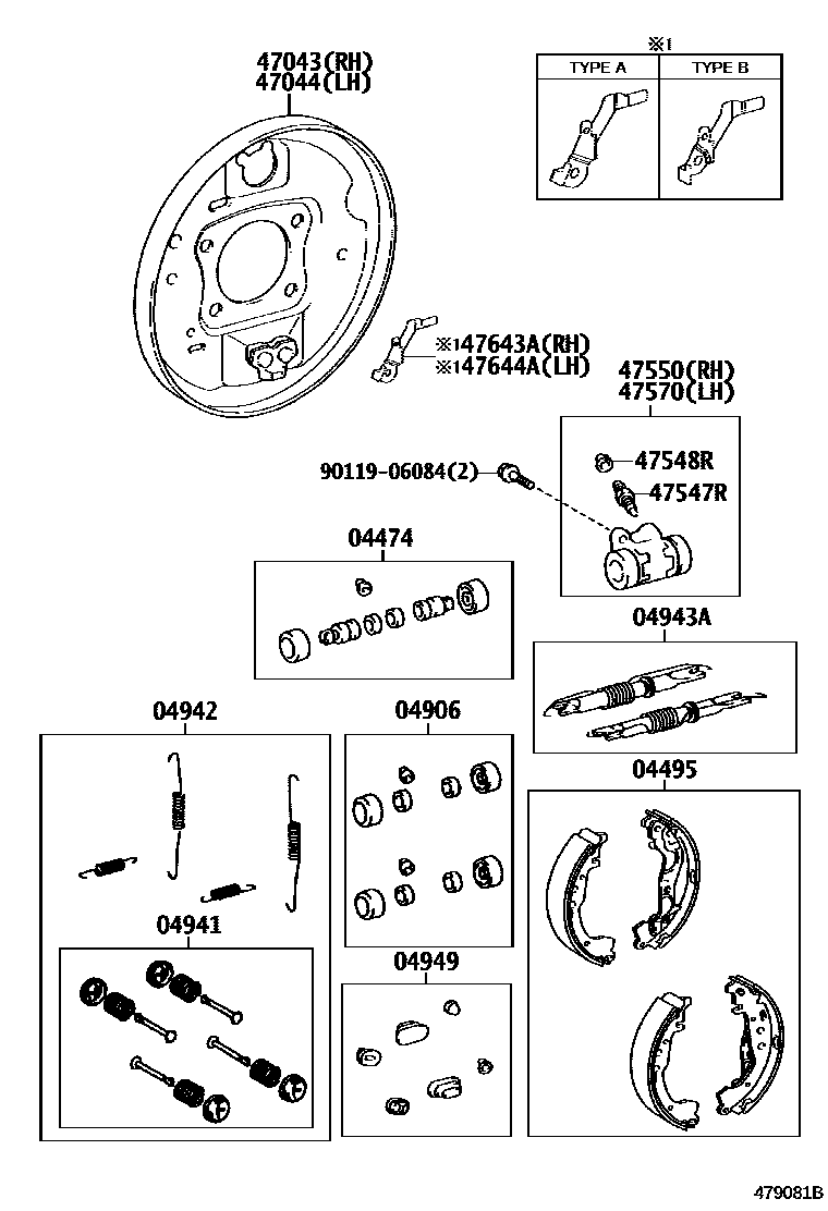 Toyota YARIS 后鼓式制动器分泵和底板 EPC diagram — 479081B