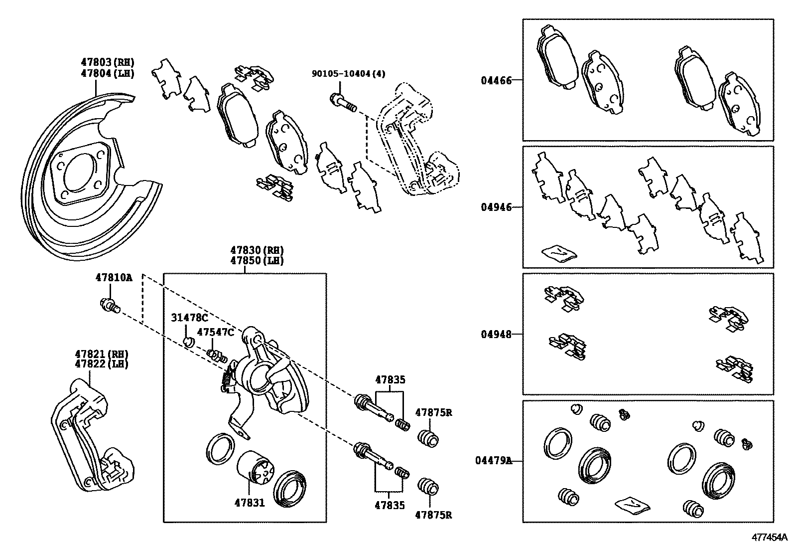 Toyota YARIS 后盘式制动器卡钳和防尘罩 EPC diagram — 477454A