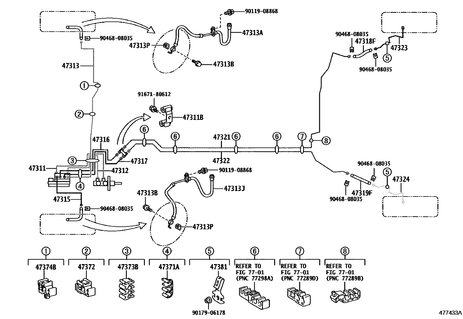 Toyota YARIS 制动配管和卡箍 EPC diagram — 477433C