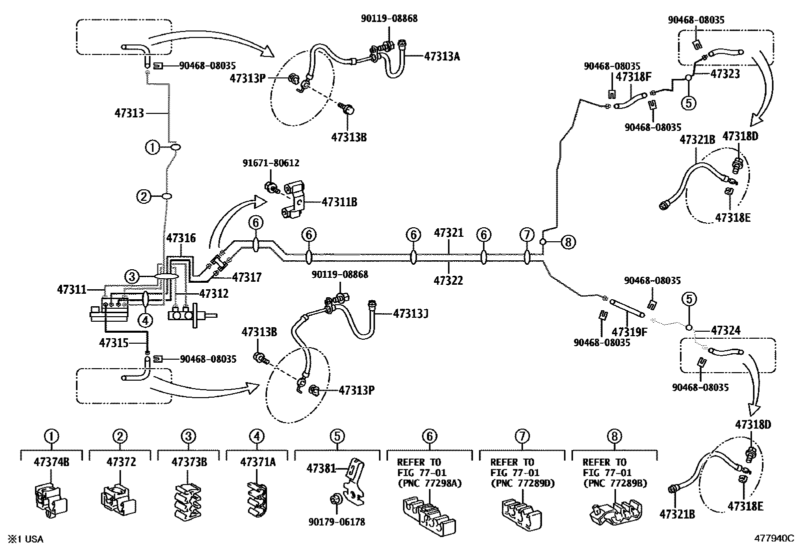 Toyota YARIS 制动配管和卡箍 EPC diagram — 477940C
