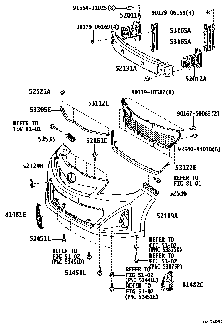 Toyota YARIS 前保险杠及附件 EPC diagram — 522509D