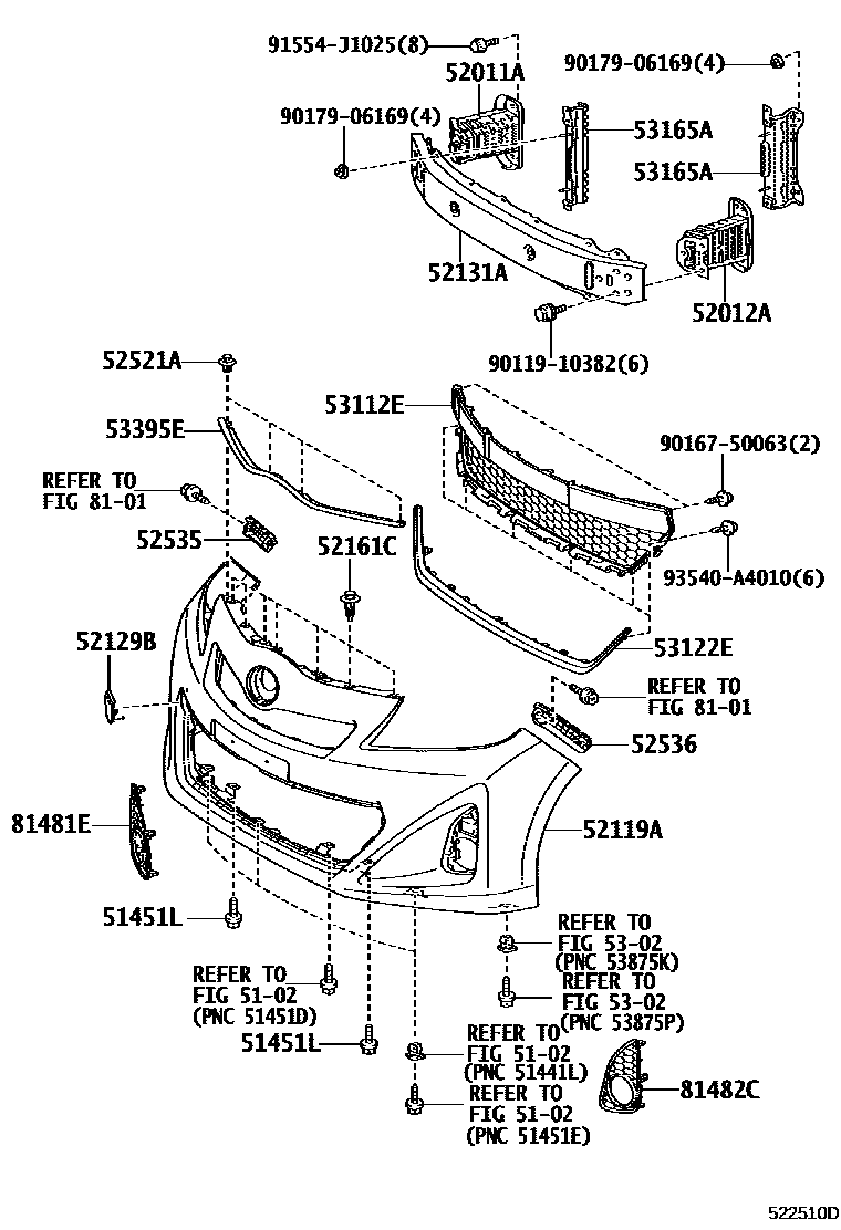 Toyota YARIS 前保险杠及附件 EPC diagram — 522510D