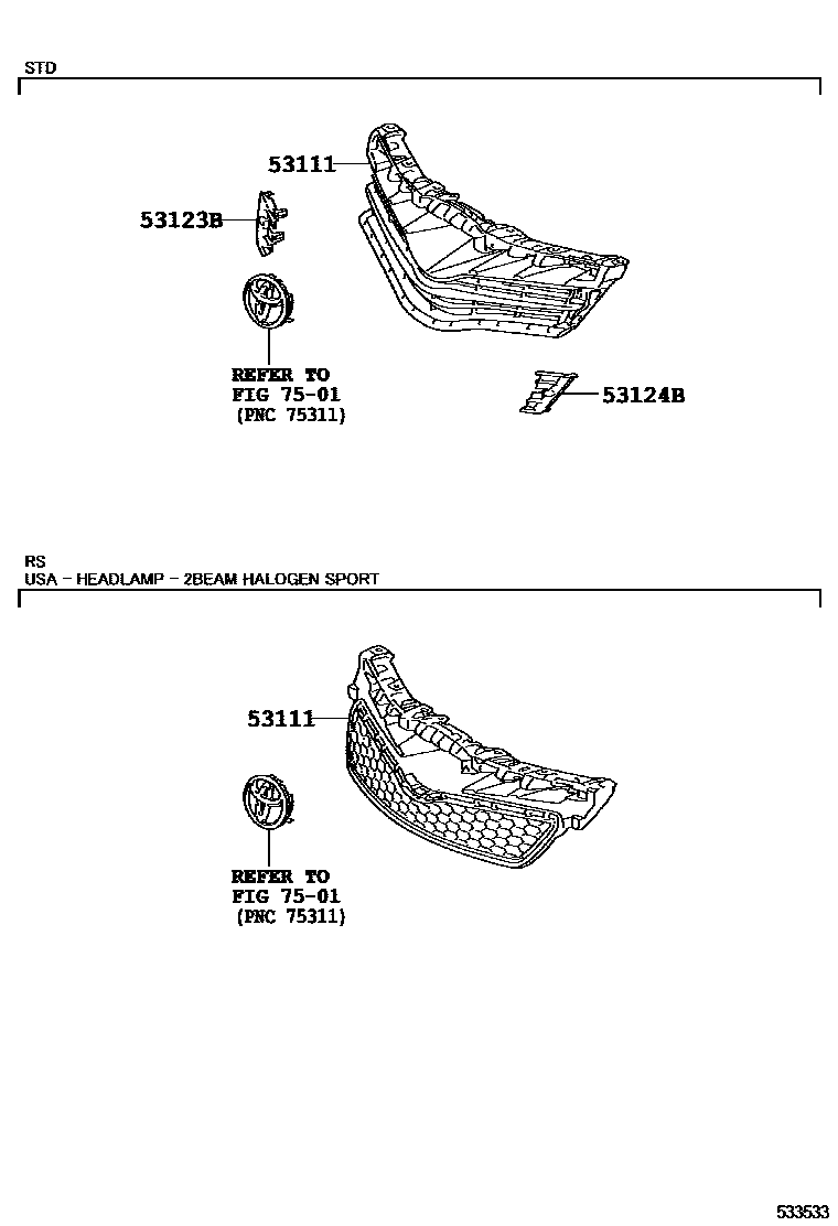 Toyota YARIS radiator grille EPC diagram — 533533