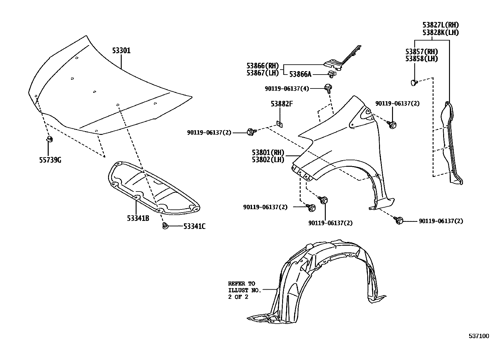 Toyota YARIS 发动机盖和前翼子板 EPC diagram — 537100