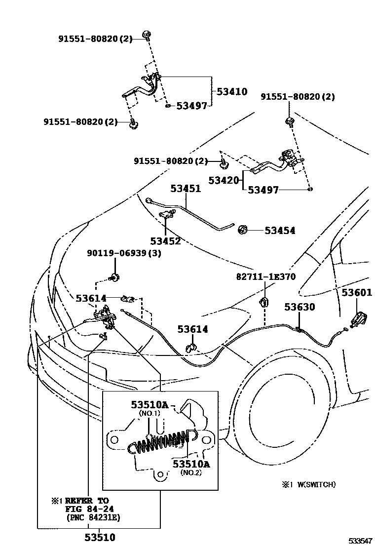 Toyota YARIS 发动机盖锁和铰链 EPC diagram — 533547
