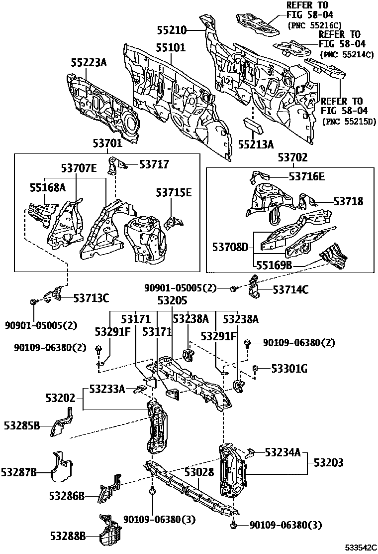 Toyota YARIS 前翼子板挡泥板和前围板 EPC diagram — 533542C