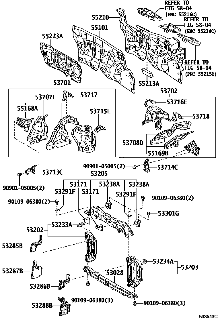 Toyota YARIS 前翼子板挡泥板和前围板 EPC diagram — 533543C