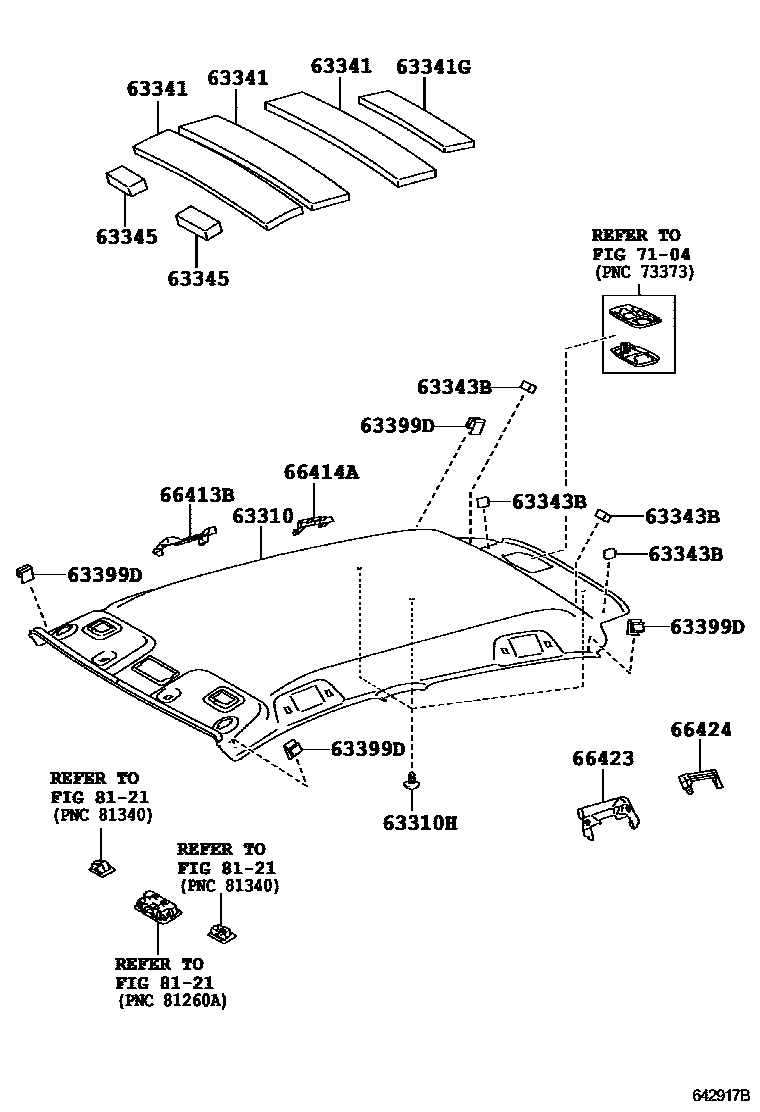 Toyota YARIS 车顶内衬和消声垫 EPC diagram — 642917B