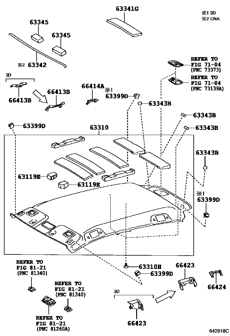 Toyota YARIS 车顶内衬和消声垫 EPC diagram — 642918C