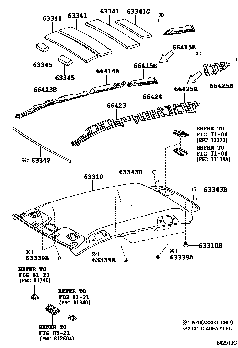 Toyota YARIS 车顶内衬和消声垫 EPC diagram — 642919C