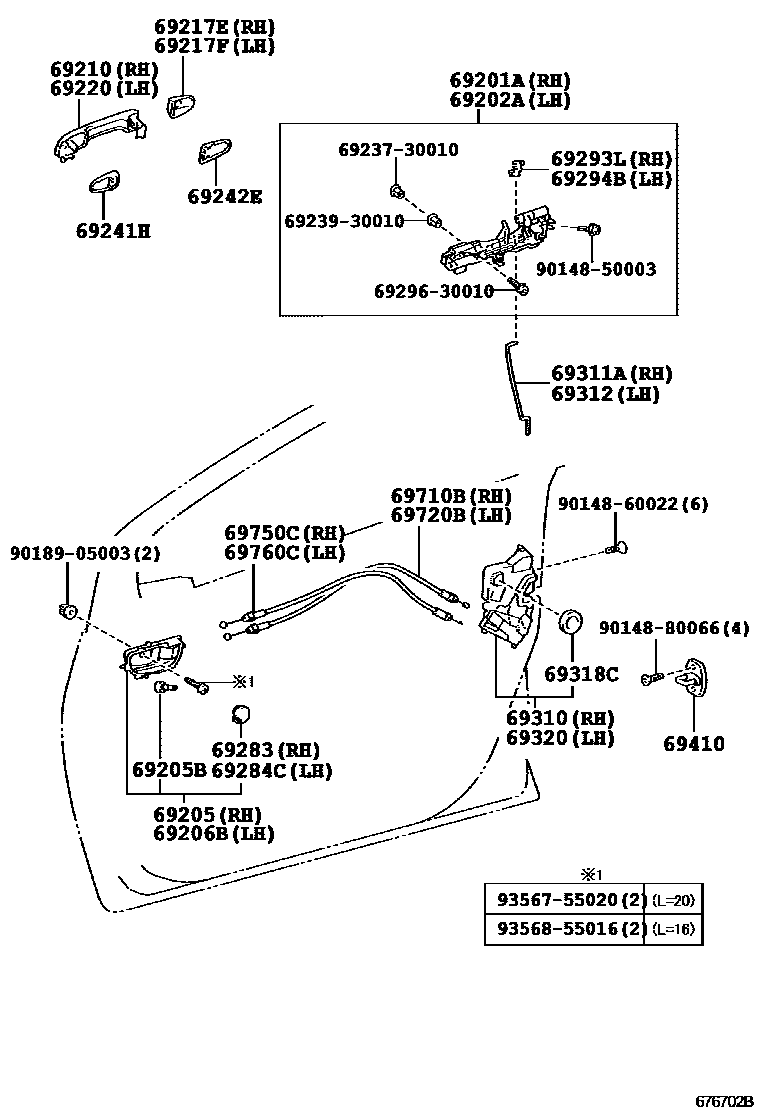 Toyota YARIS 前门锁和车门把手 EPC diagram — 676702B