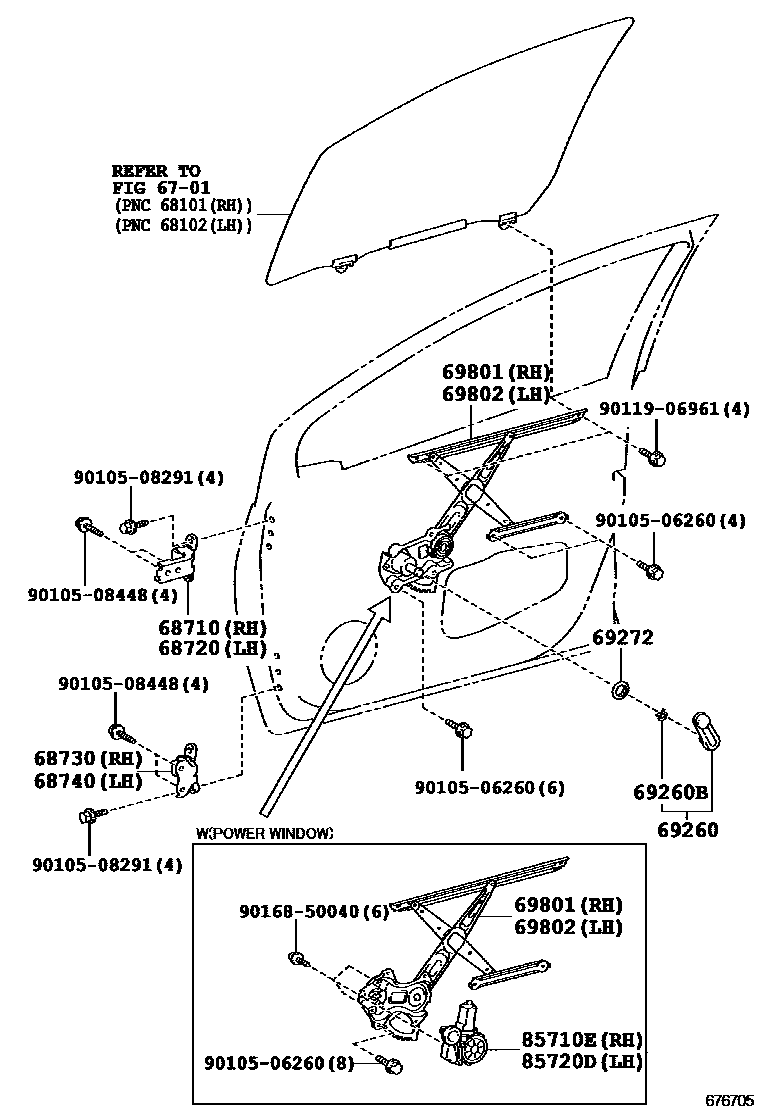 Toyota YARIS 前门车窗升降器和合页 EPC diagram — 676705
