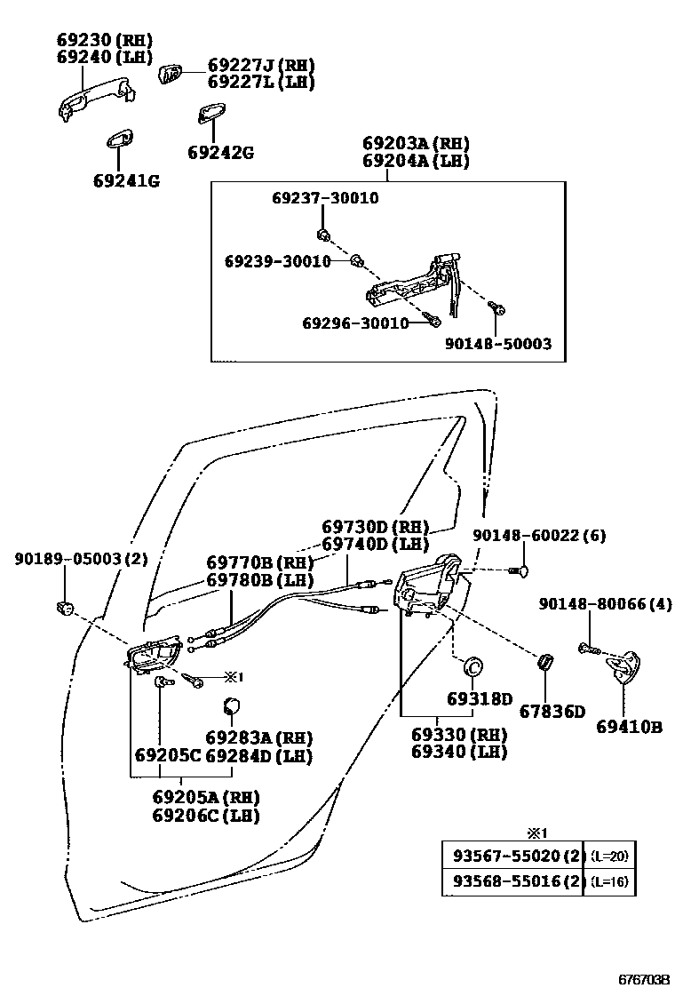 Toyota YARIS 后门锁和后门把手 EPC diagram — 676703B