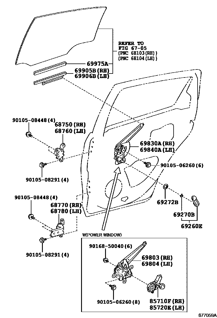 Toyota YARIS 后门车窗升降器和合页 EPC diagram — 677059A