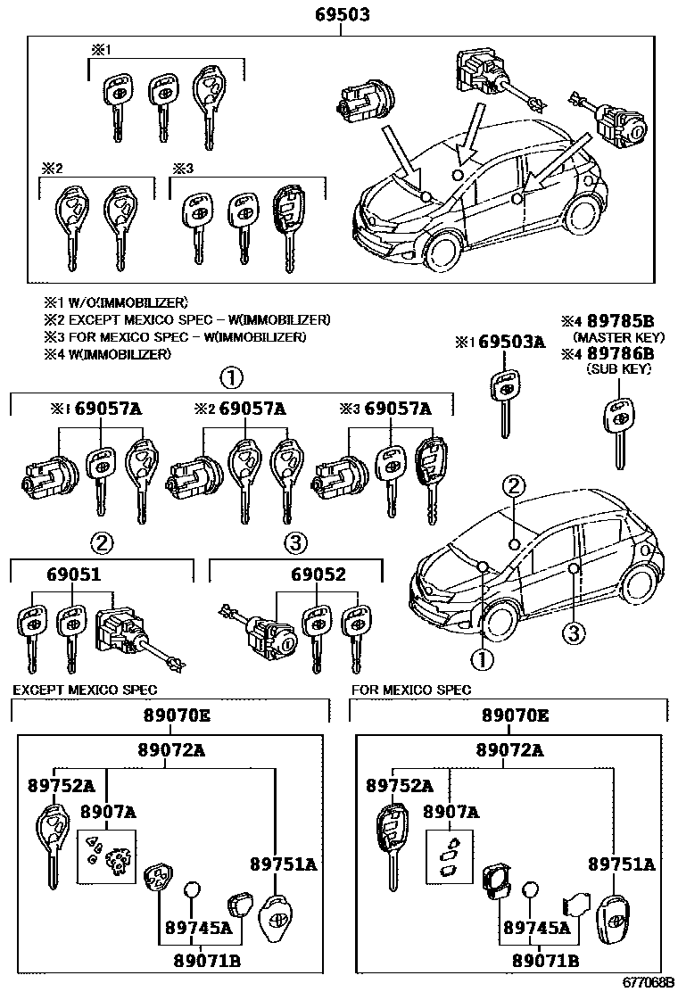 Toyota YARIS 锁芯组件 EPC diagram — 677068B