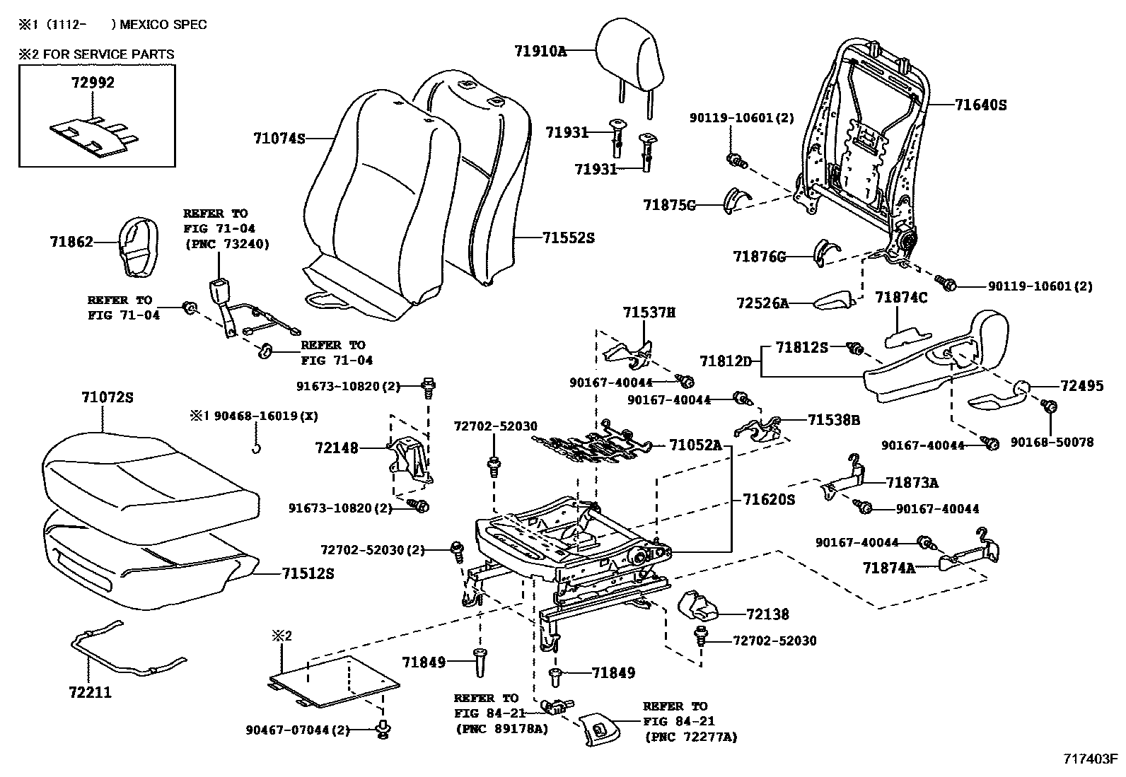 Toyota YARIS 前排座椅和座椅滑轨 EPC diagram — 717403F