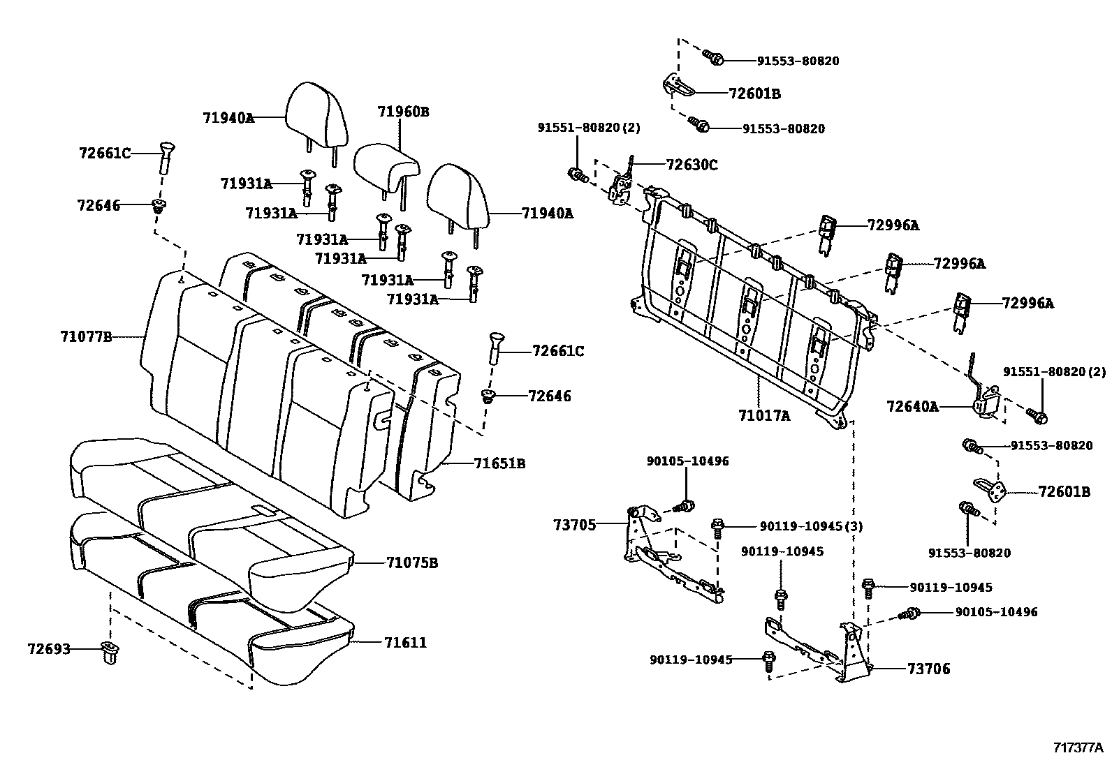 Toyota YARIS 后排座椅和座椅滑轨 EPC diagram — 717377A