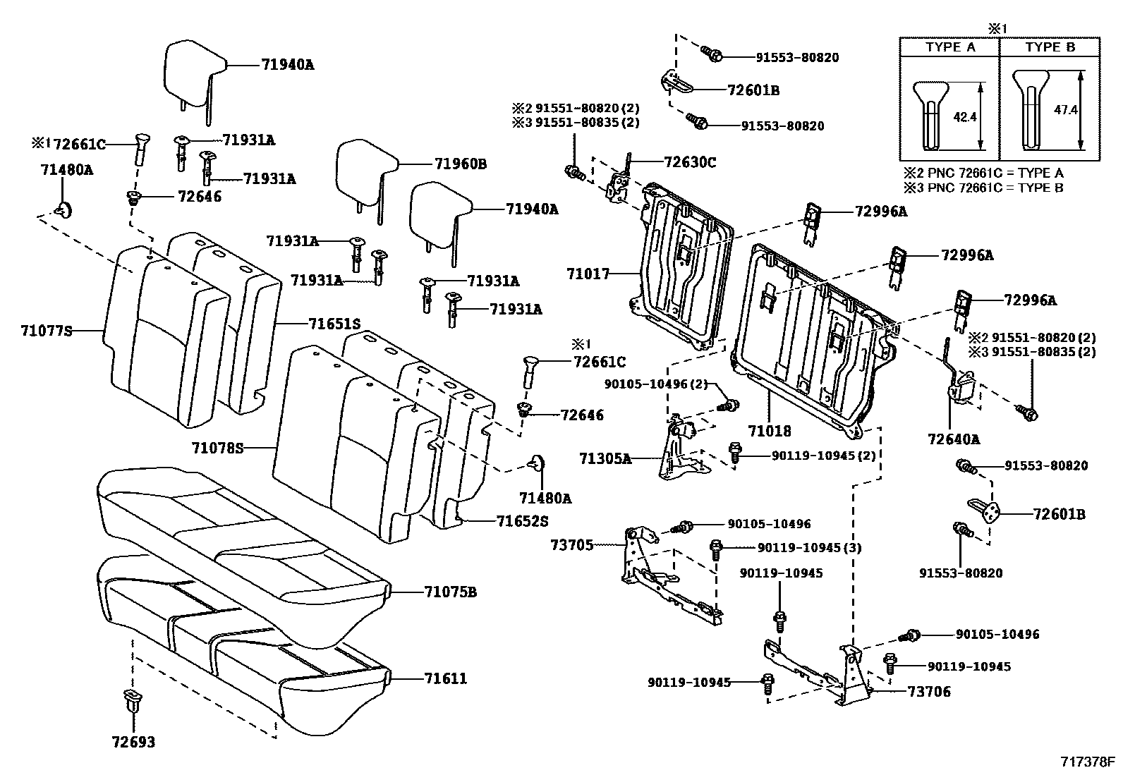 Toyota YARIS 后排座椅和座椅滑轨 EPC diagram — 717378F