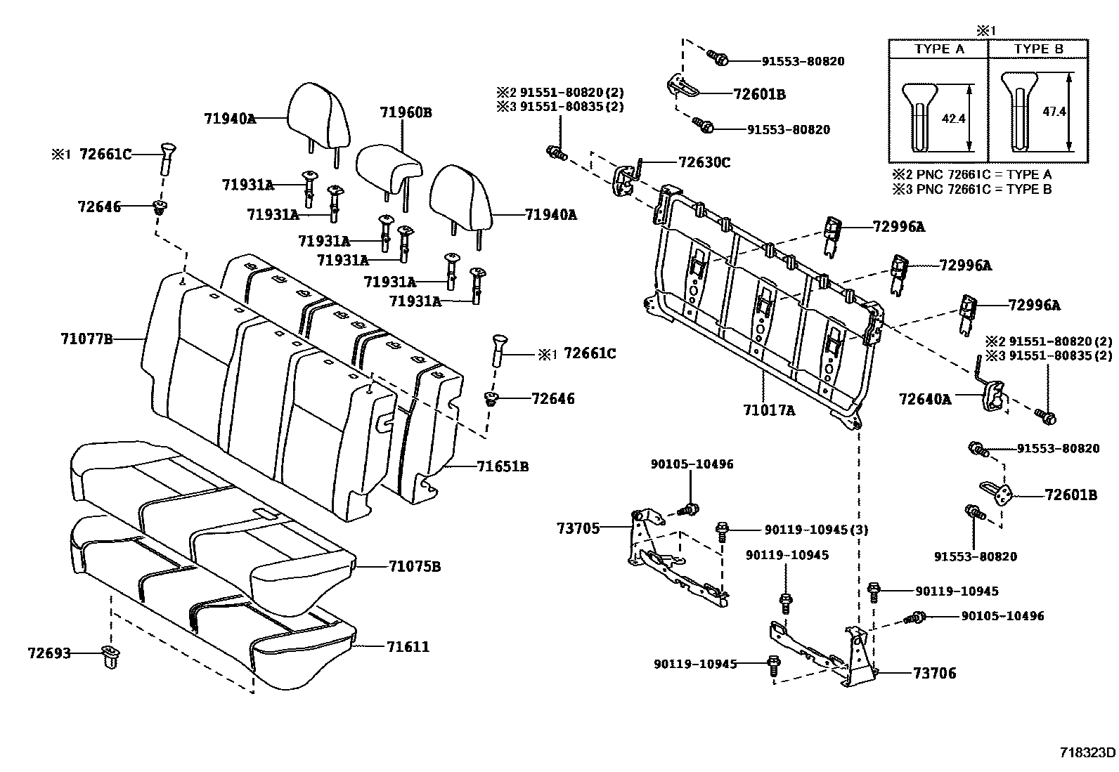 Toyota YARIS 后排座椅和座椅滑轨 EPC diagram — 718323D