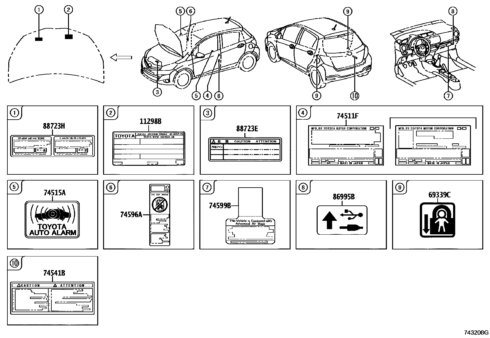 Toyota YARIS 警示铭牌(车外和车内) EPC diagram — 743208G