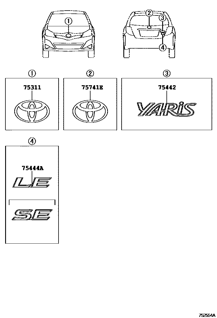 Toyota YARIS 丰田徽标和铭牌(车外和车内) EPC diagram — 752554A
