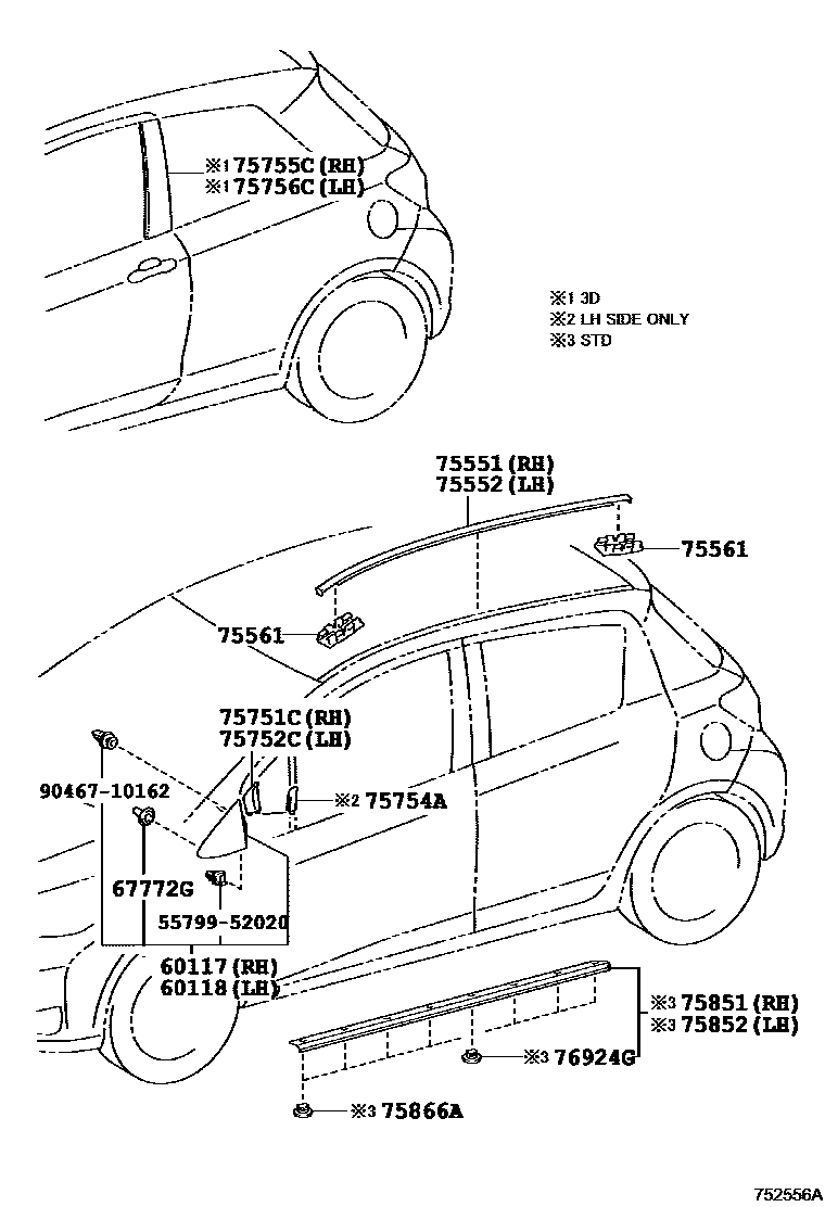 Toyota YARIS 侧防护条 EPC diagram — 752556A