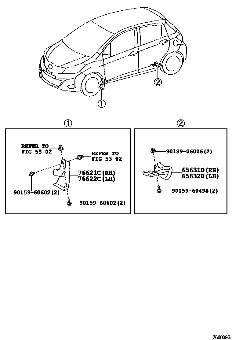 Toyota YARIS 挡泥板和扰流板 EPC diagram — 760809B