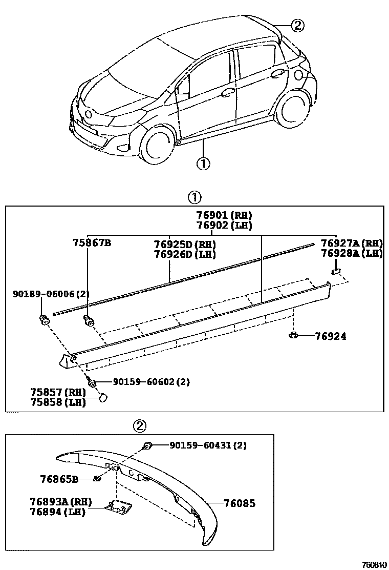 Toyota YARIS 挡泥板和扰流板 EPC diagram — 760810