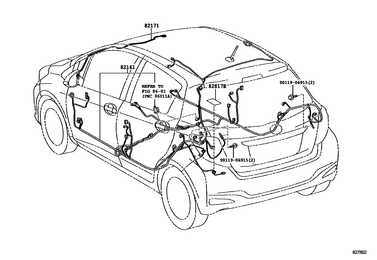 Toyota YARIS 线束和卡夹 EPC diagram — 827802