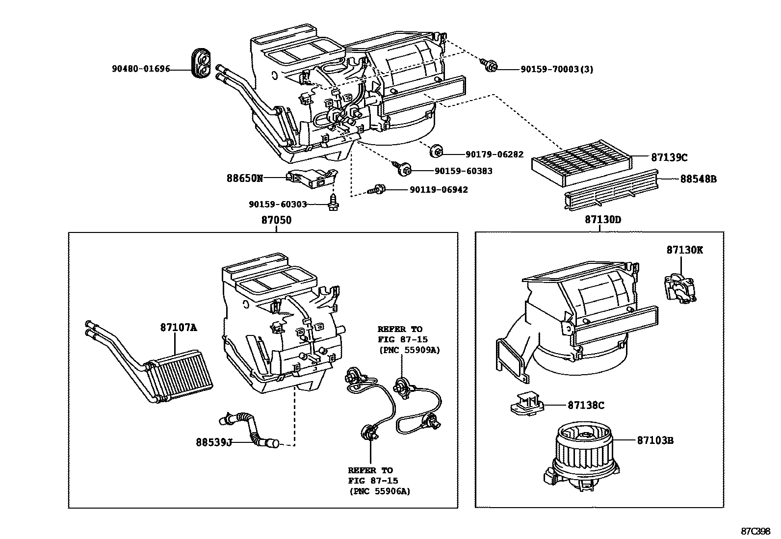 Toyota YARIS 暖风和空调系统 - 冷却器组件 EPC diagram — 87C398