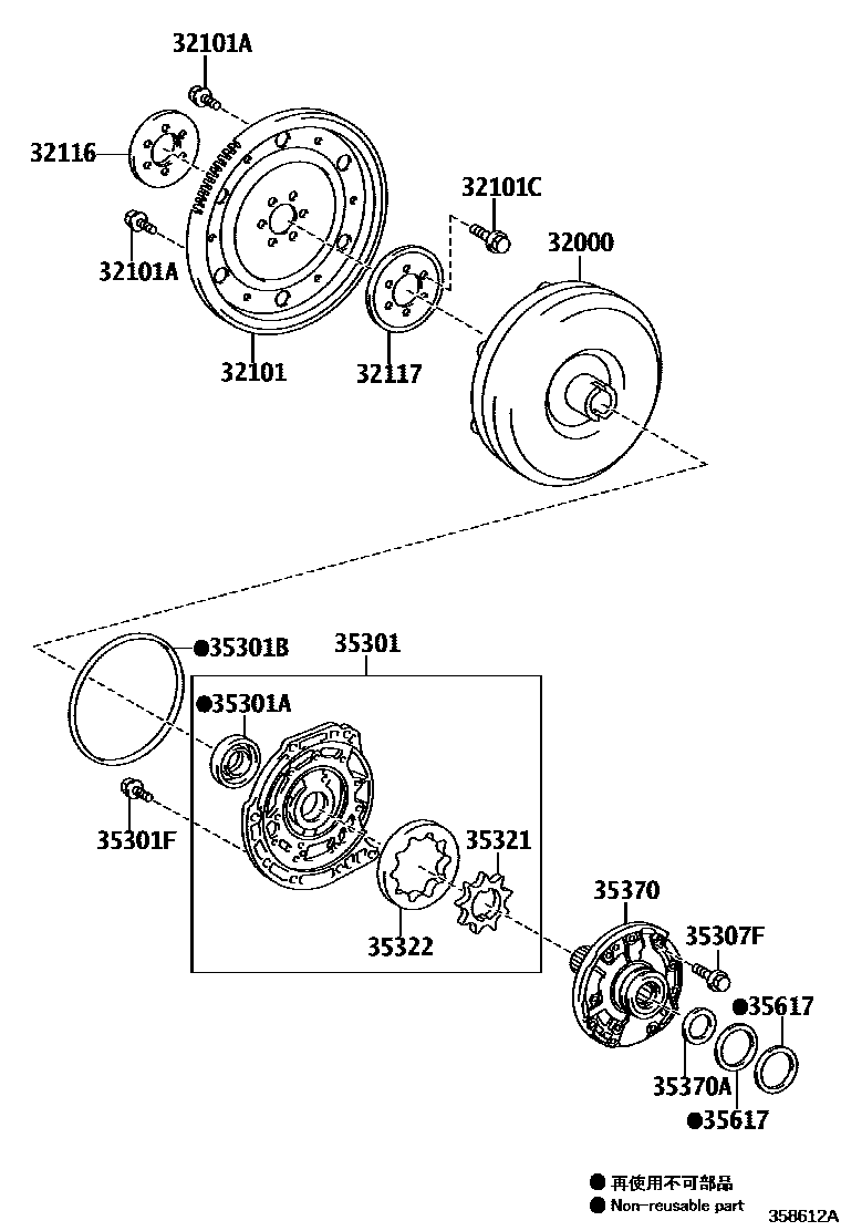 Toyota YARIS 变矩器、前油泵和链条(ATM) EPC diagram — 358612A