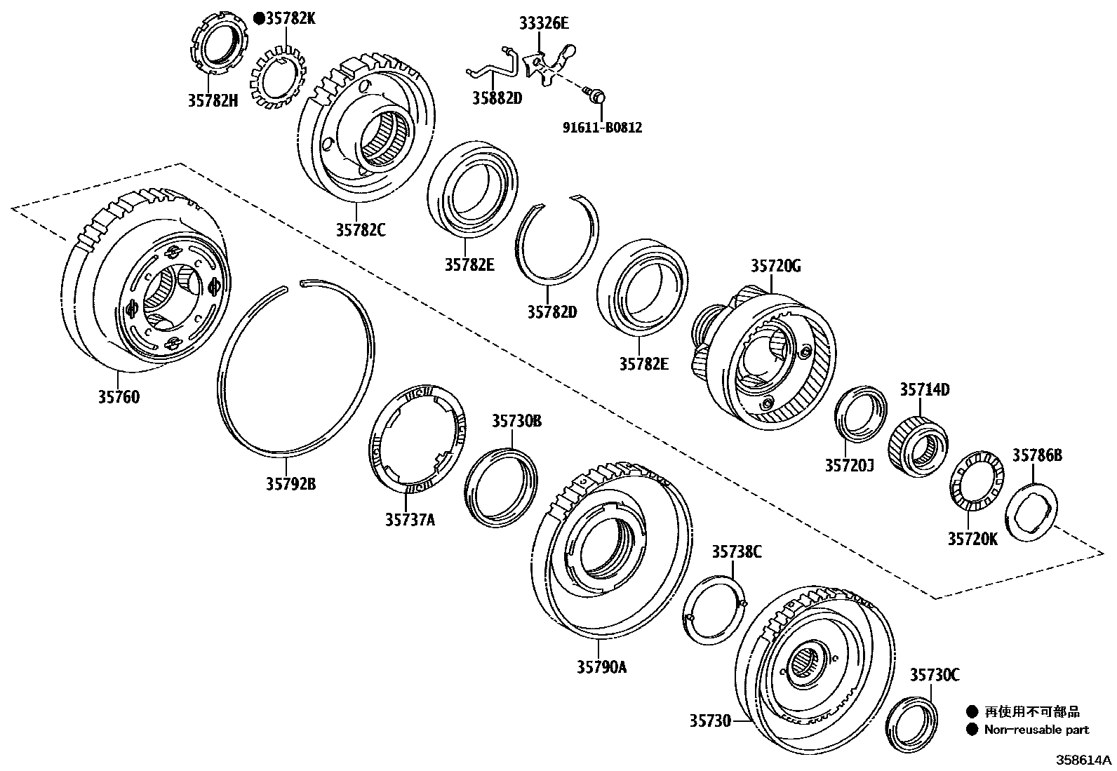 Toyota YARIS 行星齿轮、倒档活塞和中间轴齿轮(ATM) EPC diagram — 358614A