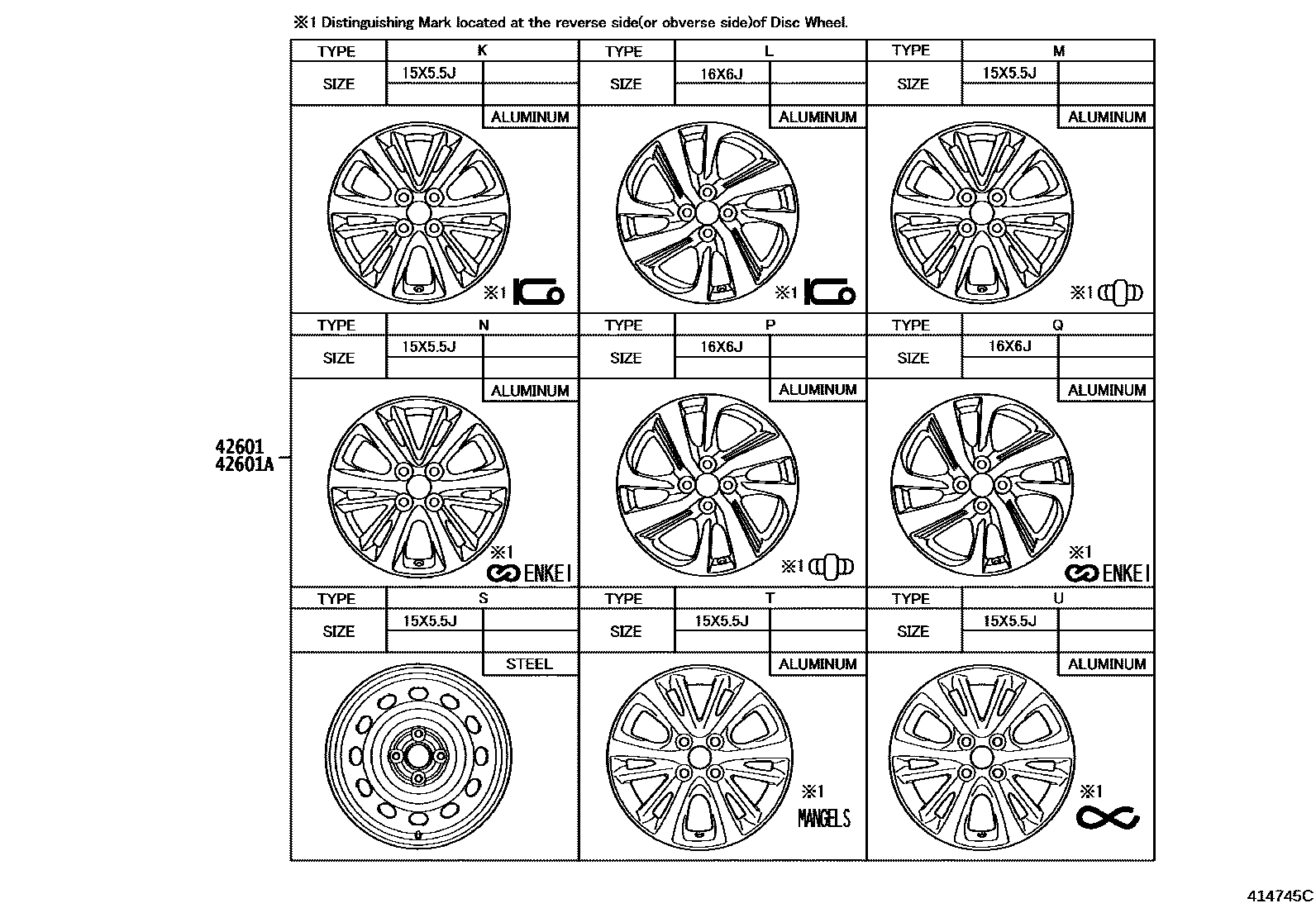 Toyota YARIS 车轮和车轮盖 EPC diagram — 414745C