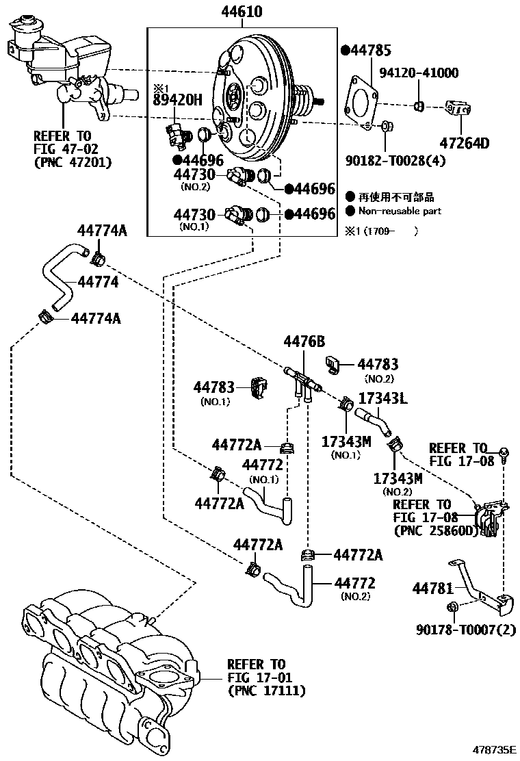 Toyota YARIS 制动助力器和真空管 EPC diagram — 478735E