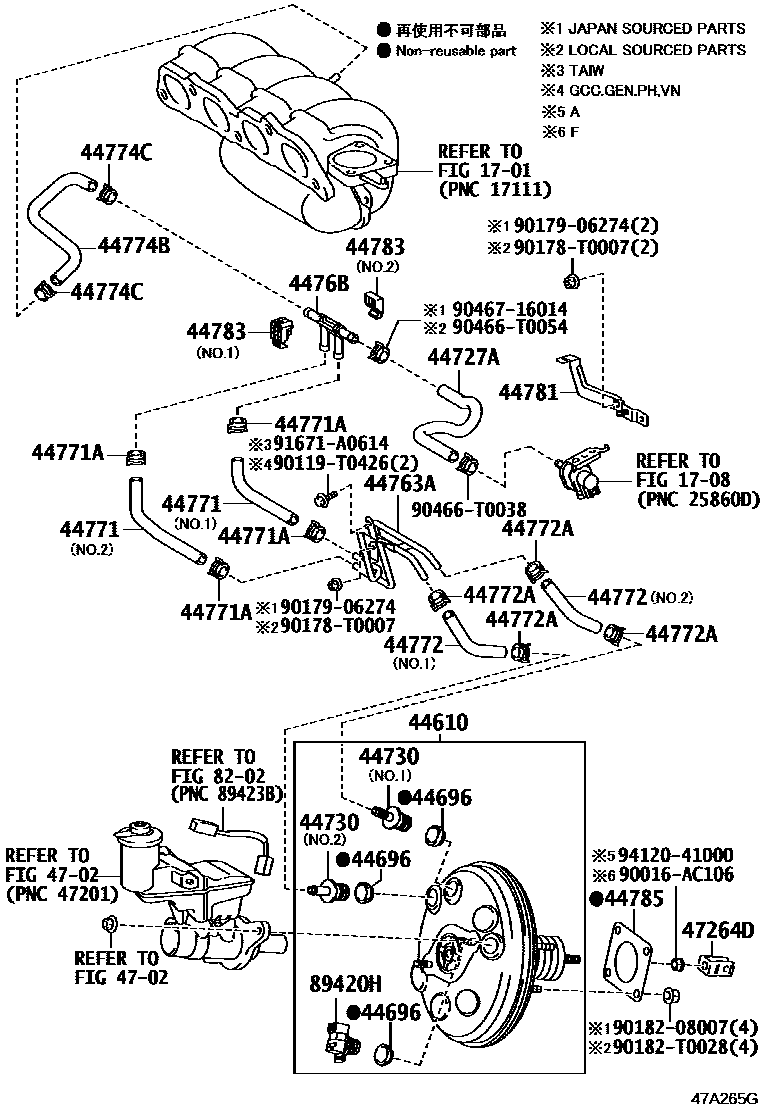 Toyota YARIS 制动助力器和真空管 EPC diagram — 47A265G