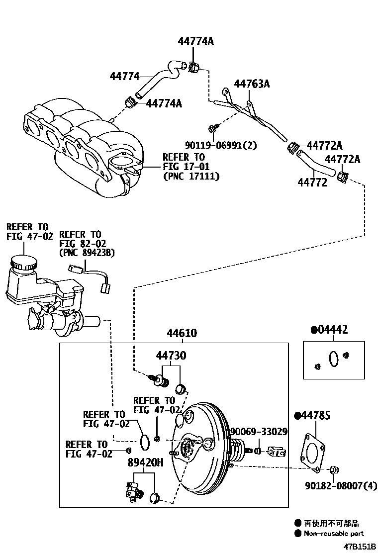 Toyota YARIS 制动助力器和真空管 EPC diagram — 47B151B