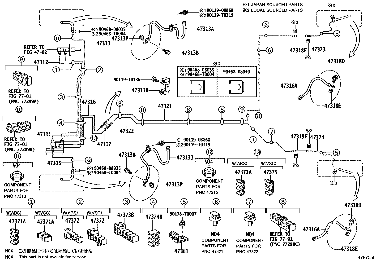 Toyota YARIS 制动配管和卡箍 EPC diagram — 478755I