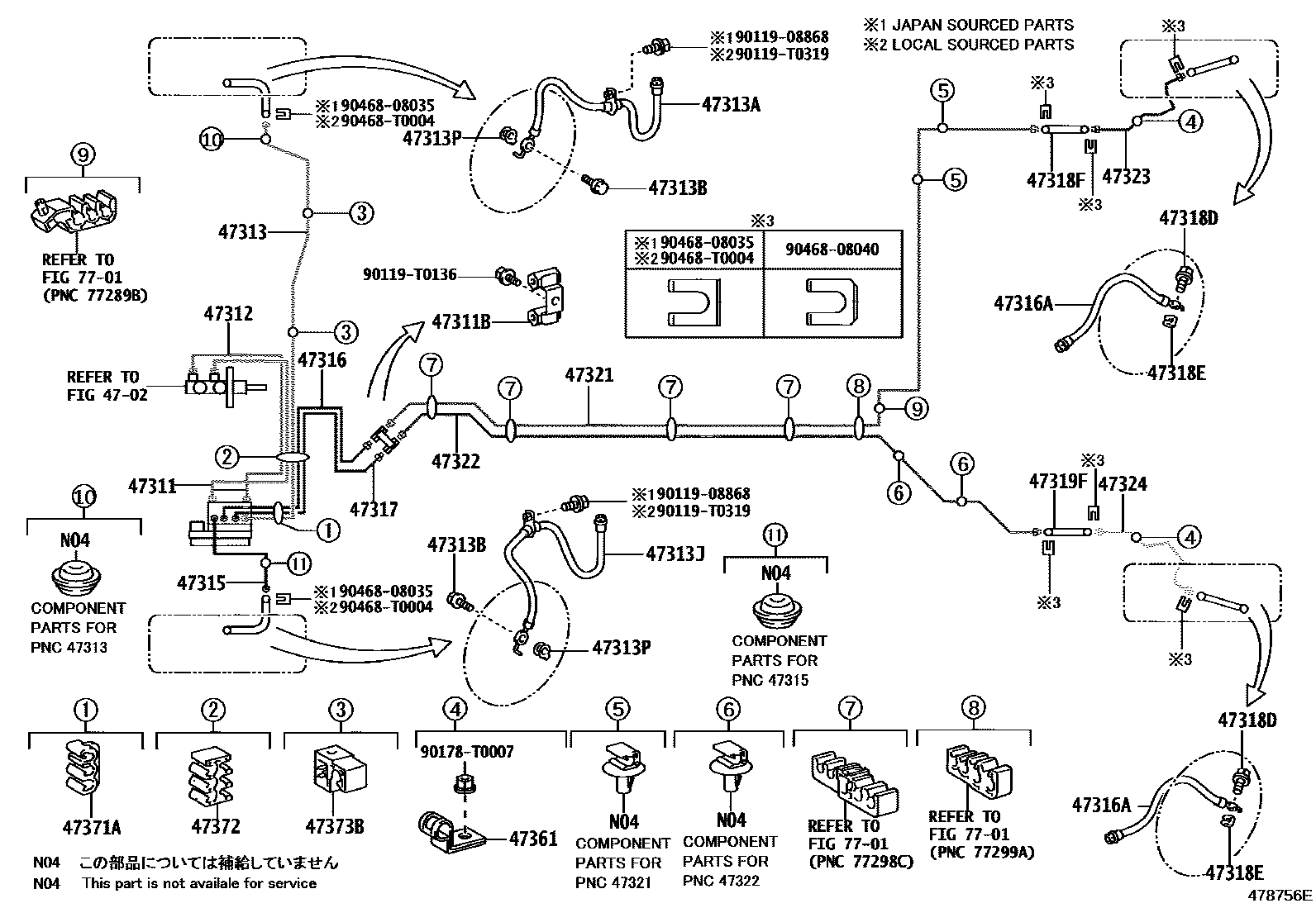 Toyota YARIS 制动配管和卡箍 EPC diagram — 478756E