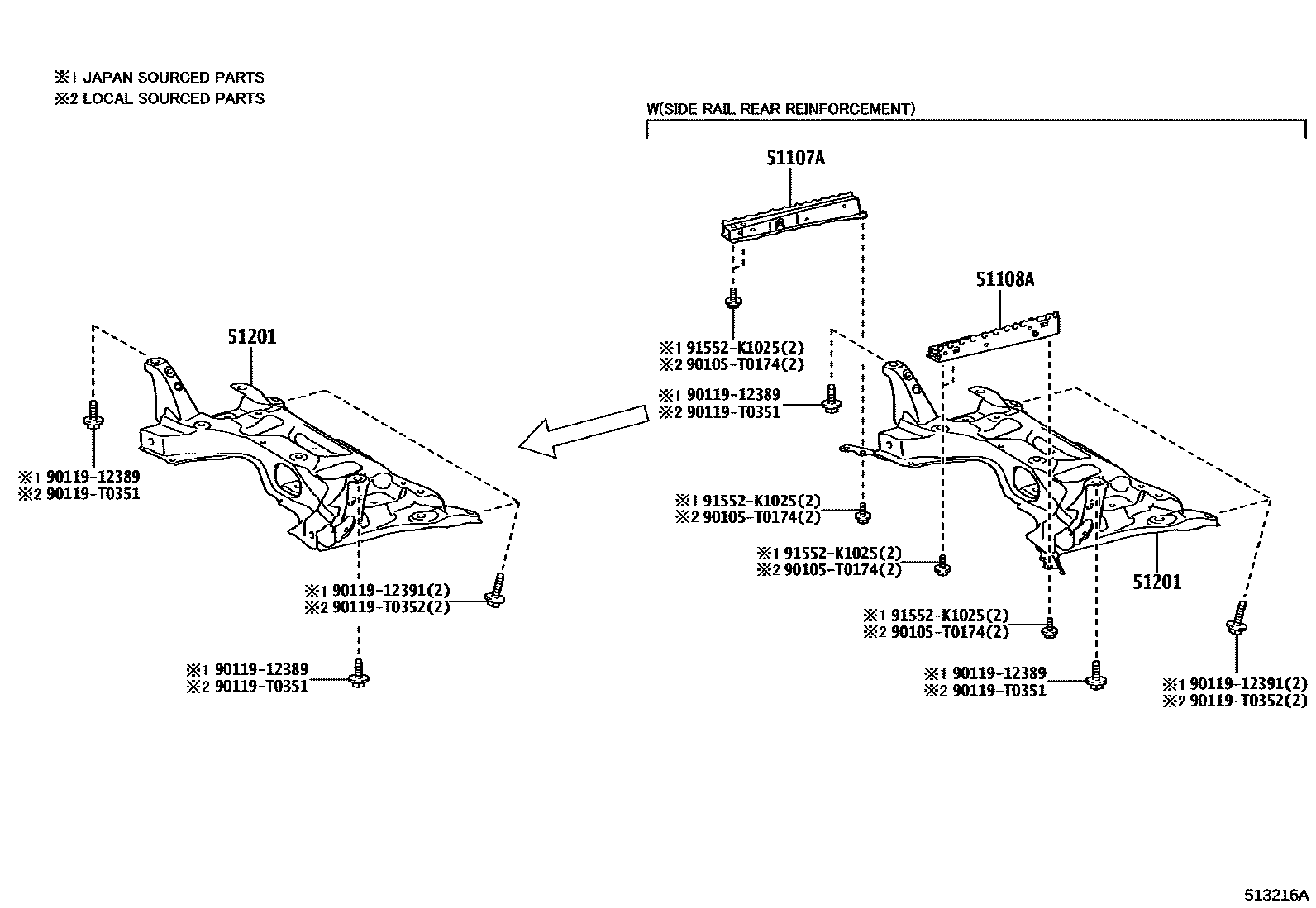 Toyota YARIS 悬架横梁和发动机底罩 EPC diagram — 513216A