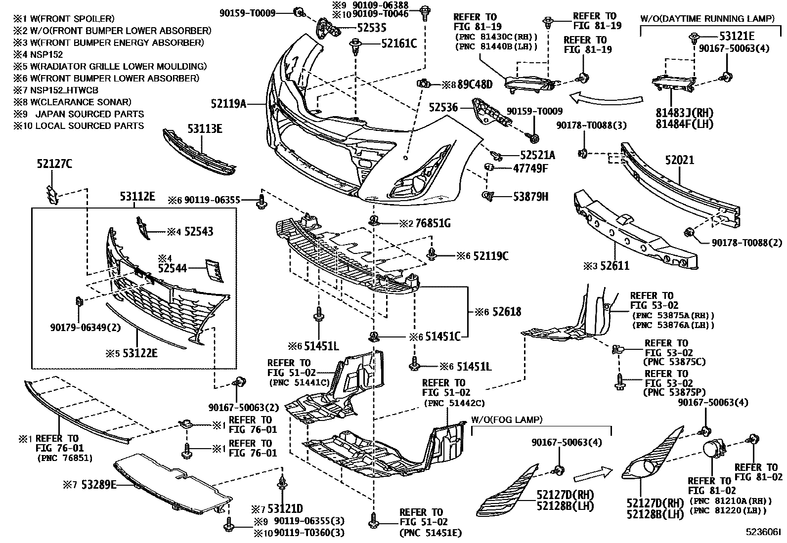 Toyota YARIS 前保险杠及附件 EPC diagram — 523606I